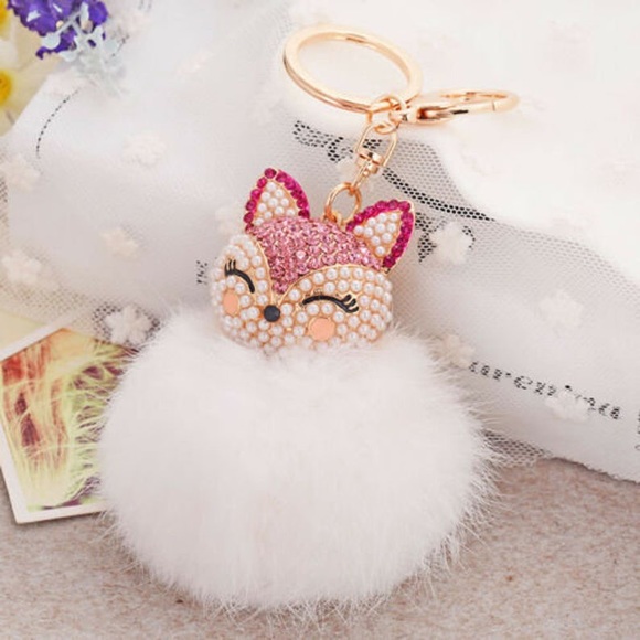 Fox Head Rabbit Fur Ball Key Ring Keychain - Picture 1 of 1
